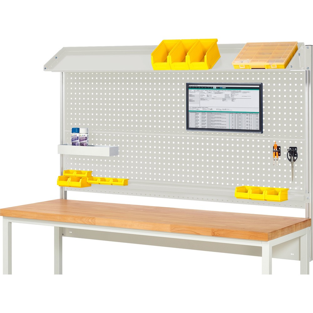 Produktabbildung: RAU Werkbank-Aufbau, HxBxT 1.130 x 2.000 x 350 mm, mit 1 neigbaren Metallablage, 1 Halteschiene und 1 Flachbildschirmhalter, Komplettset 02 für Produktbreite 2.000 mm