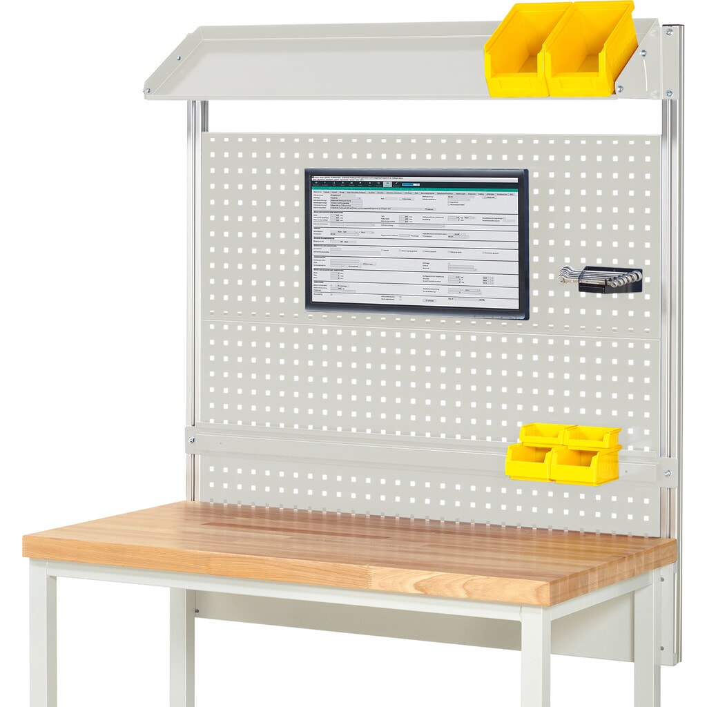 Produktabbildung: RAU Werkbank-Aufbau, HxBxT 1.130 x 1.250 x 350 mm, mit 1 neigbaren Metallablage, 1 Halteschiene und 1 Flachbildschirmhalter, Komplettset 02 für Produktbreite 1.250 mm