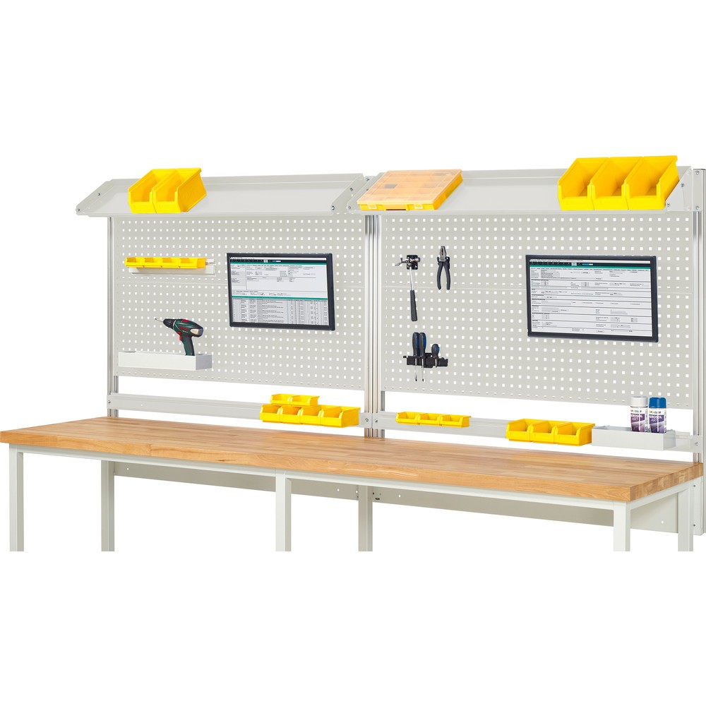 Produktabbildung Nr. 1: RAU Werkbank-Aufbau, HxBxT 1.130 x 3.000 x 350 mm, mit 2 neigbaren Metallablagen, 2 Halteschienen und 2 Flachbildschirmhalter, Komplettset 02 für Produktbreite 3.000 mm