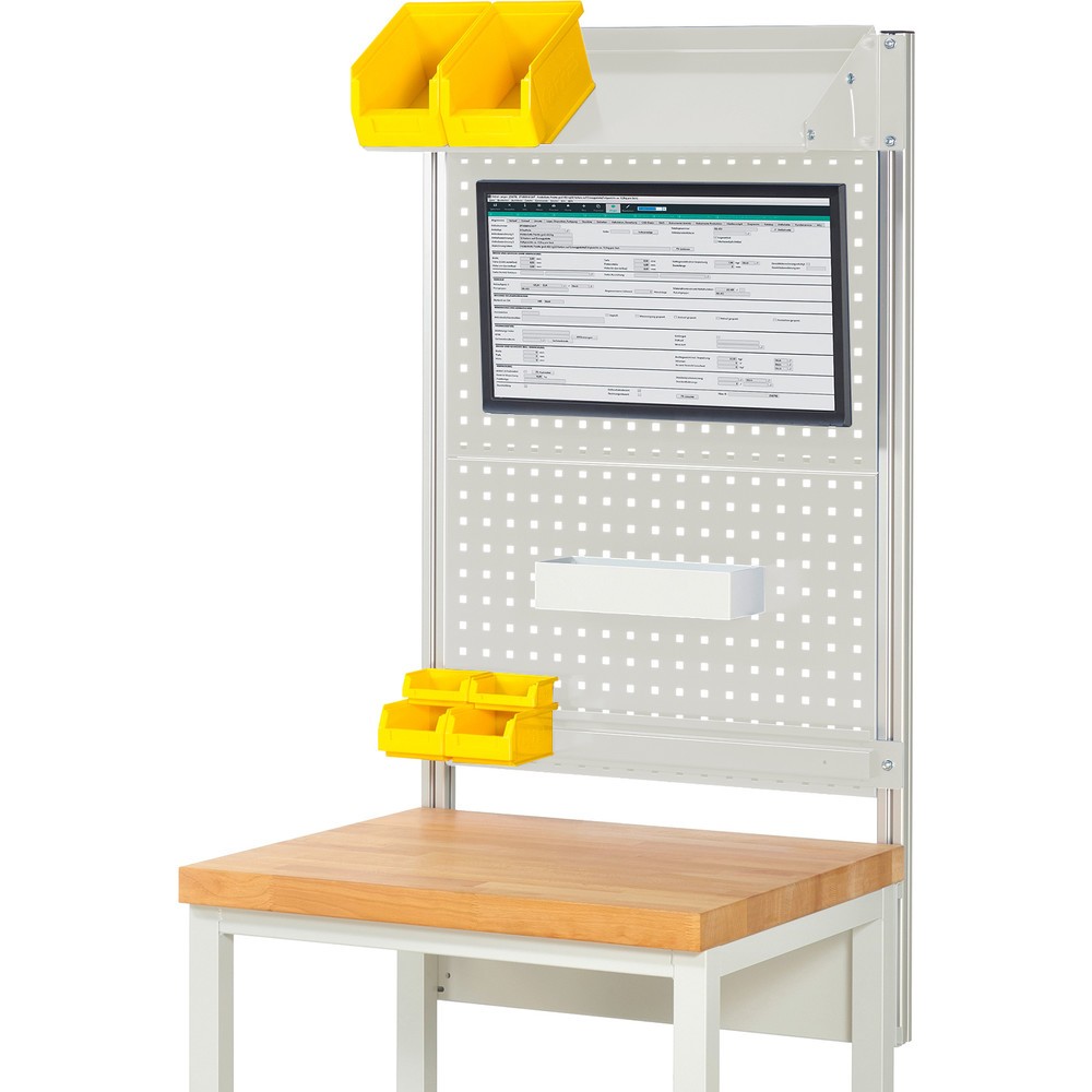 Produktabbildung: RAU Werkbank-Aufbau, HxBxT 1.130 x 750 x 350 mm, mit 1 neigbaren Metallablage, 1 Halteschiene und 1 Flachbildschirmhalter, Komplettset 02 für Produktbreite 750 mm