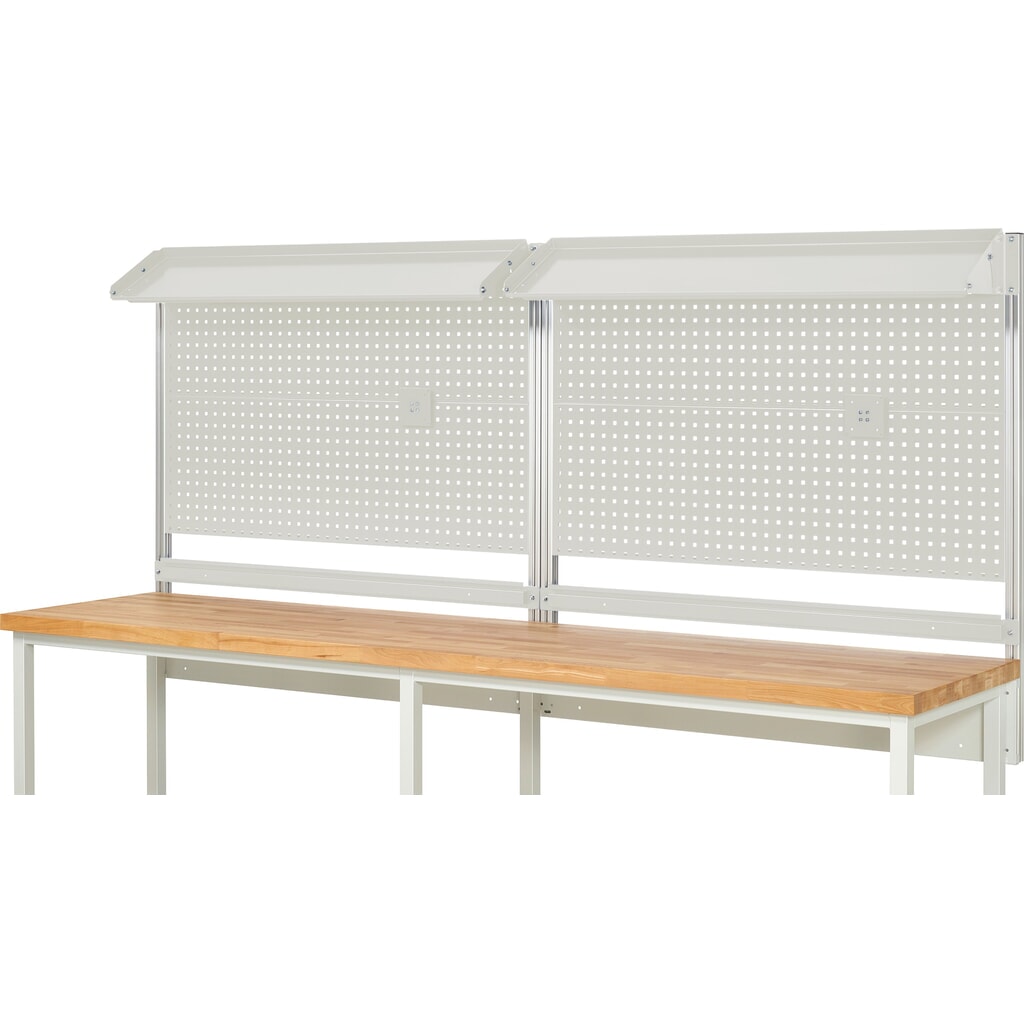 RAU Werkbank-Aufbau, HxBxT 1.130 x 3.000 x 350 mm, mit 2 neigbaren Metallablagen, 2 Halteschienen und 2 Flachbildschirmhalter, Komplettset 02 für Produktbreite 3.000 mm Produktabbildung Nr. 2: RAU Werkbank-Aufbau, HxBxT 1.130 x 3.000 x 350 mm, mit 2 neigbaren Metallablagen, 2 Halteschienen und 2 Flachbildschirmhalter, Komplettset 02 für Produktbreite 3.000 mm