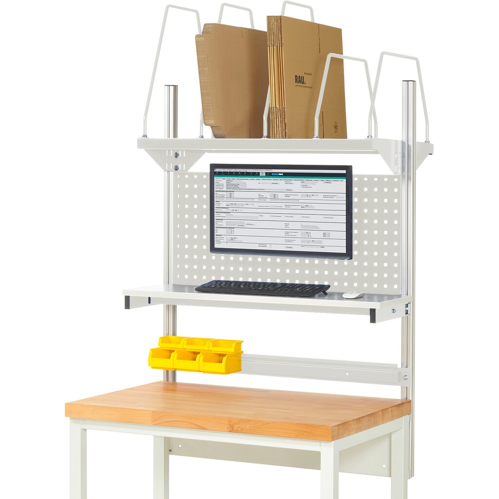 Produktabbildung: RAU Werkbank-Aufbau, HxBxT 1.130 x 1.000 x 350 mm, mit 1 Etagenboard, 1 Halteschiene und 1 Flachbildschirmhalter, Komplettset 03 für Produktbreite 1.000 mm
