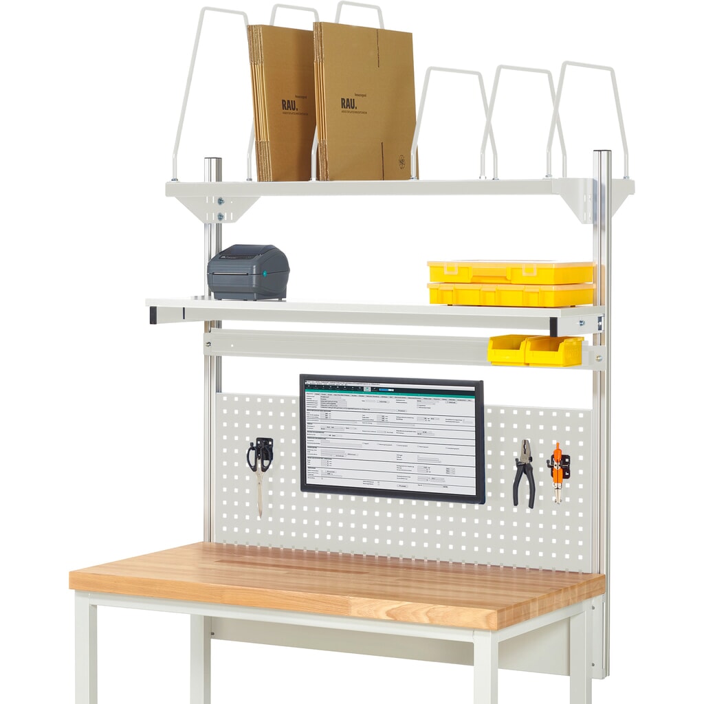 RAU Werkbank-Aufbau, HxBxT 1.130 x 1.250 x 350 mm, mit 1 Etagenboard, 1 Halteschiene und 1 Flachbildschirmhalter, Komplettset 03 für Produktbreite 1.250 mm Produktabbildung: RAU Werkbank-Aufbau, HxBxT 1.130 x 1.250 x 350 mm, mit 1 Etagenboard, 1 Halteschiene und 1 Flachbildschirmhalter, Komplettset 03 für Produktbreite 1.250 mm