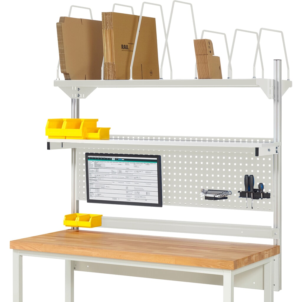 RAU Werkbank-Aufbau, HxBxT 1.130 x 1.500 x 350 mm, mit 1 Etagenboard, 1 Halteschiene und 1 Flachbildschirmhalter, Komplettset 03 für Produktbreite 2.000 mm Produktabbildung: RAU Werkbank-Aufbau, HxBxT 1.130 x 1.500 x 350 mm, mit 1 Etagenboard, 1 Halteschiene und 1 Flachbildschirmhalter, Komplettset 03 für Produktbreite 2.000 mm