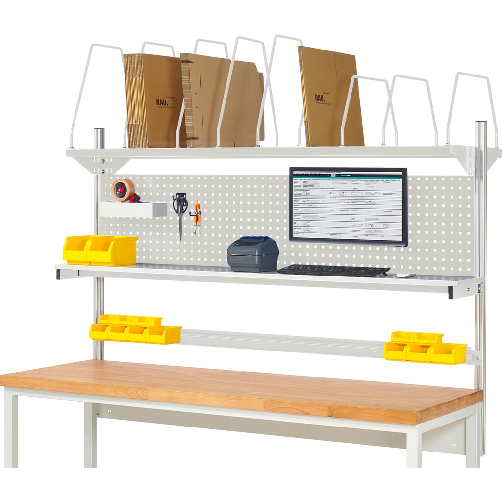 RAU Werkbank-Aufbau, HxBxT 1.130 x 2.000 x 350 mm, mit 1 Etagenboard, 1 Halteschiene und 1 Flachbildschirmhalter, Komplettset 03 für Produktbreite 1.500 mm Produktabbildung: RAU Werkbank-Aufbau, HxBxT 1.130 x 2.000 x 350 mm, mit 1 Etagenboard, 1 Halteschiene und 1 Flachbildschirmhalter, Komplettset 03 für Produktbreite 1.500 mm