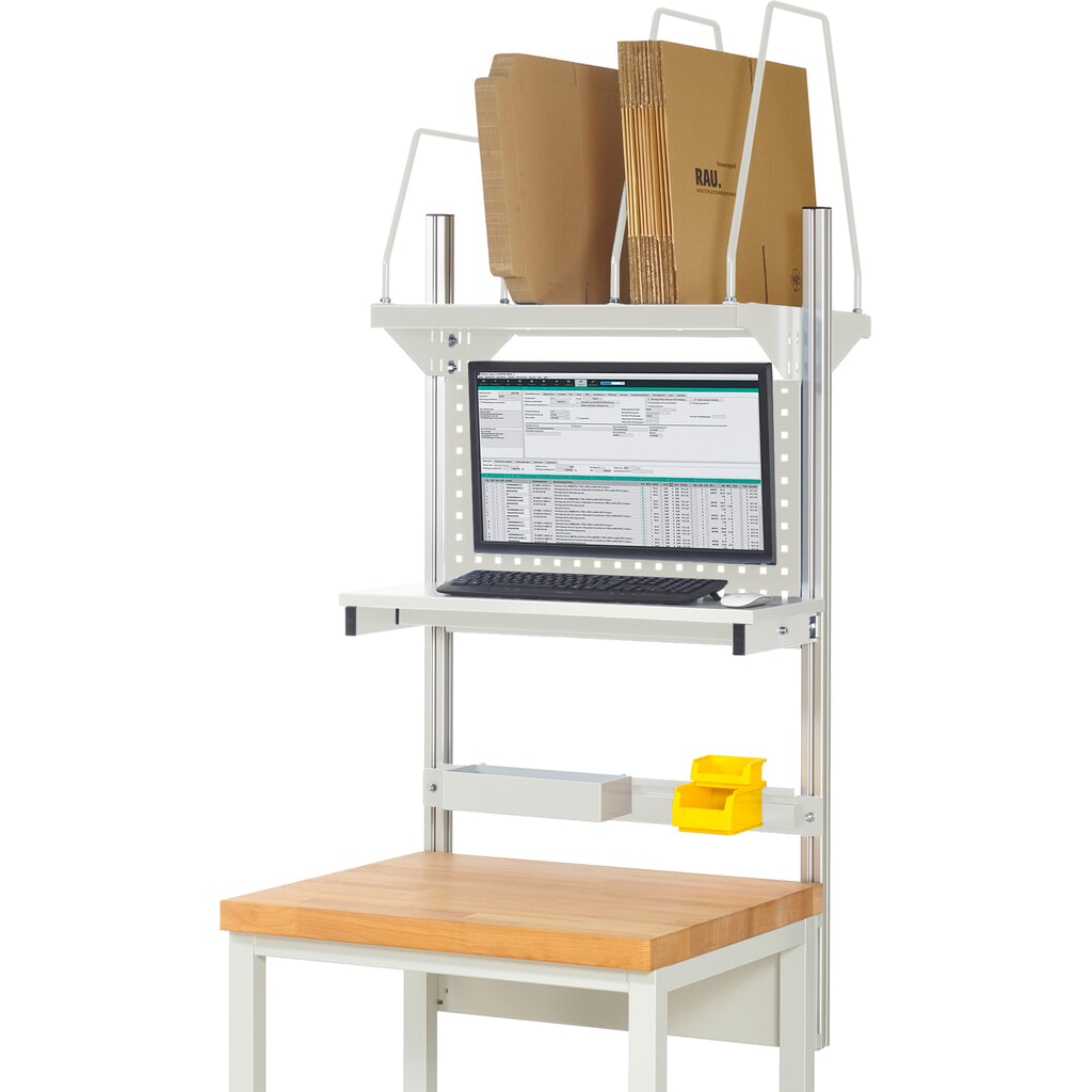 Produktabbildung: RAU Werkbank-Aufbau, HxBxT 1.130 x 750 x 350 mm, mit 1 Etagenboard, 1 Halteschiene und 1 Flachbildschirmhalter, Komplettset 03 für Produktbreite 750 mm