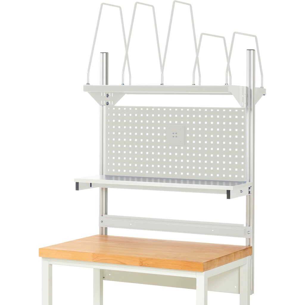 Produktabbildung Nr. 2: RAU Werkbank-Aufbau, HxBxT 1.130 x 1.000 x 350 mm, mit 1 Etagenboard, 1 Halteschiene und 1 Flachbildschirmhalter, Komplettset 03 für Produktbreite 1.000 mm