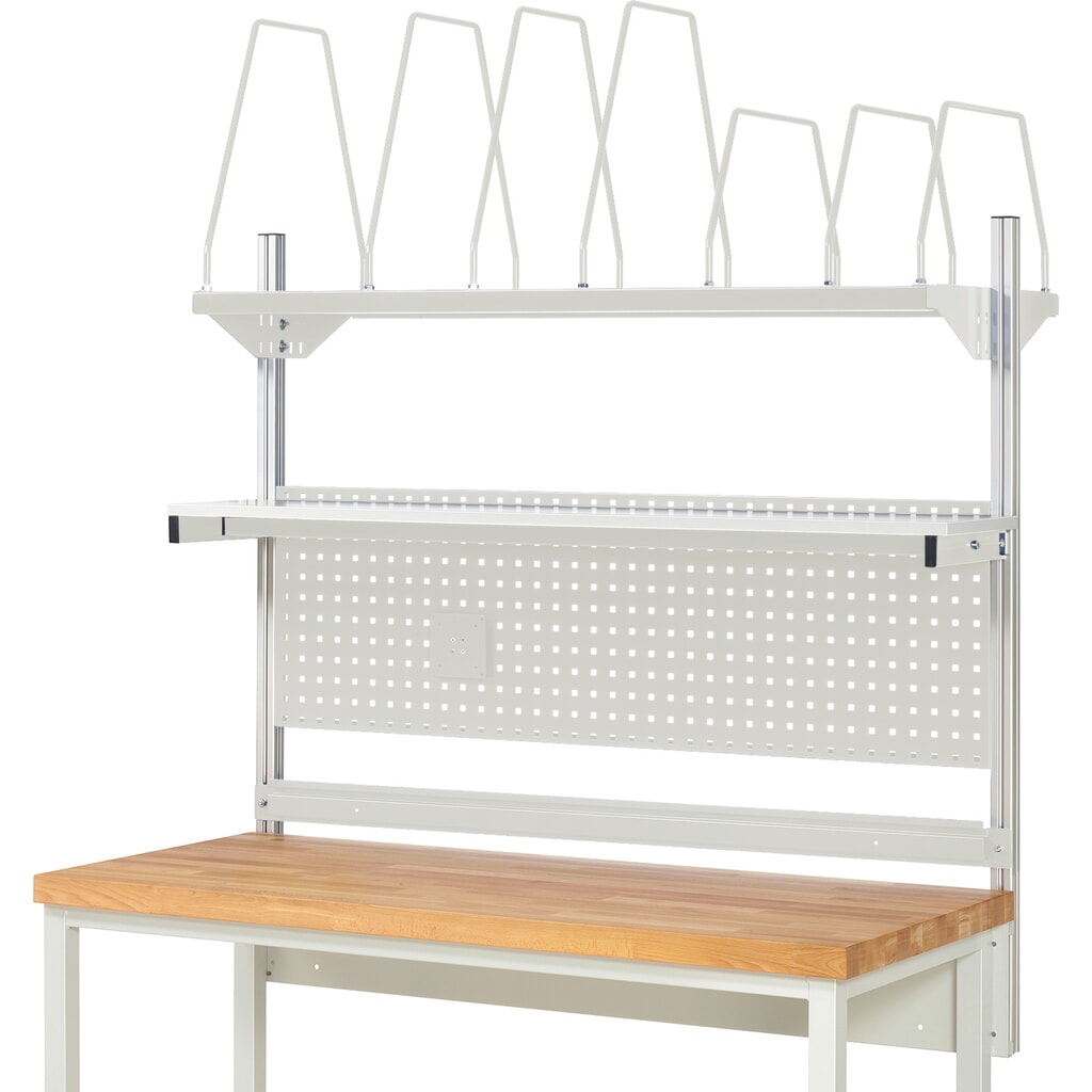 RAU Werkbank-Aufbau, HxBxT 1.130 x 1.500 x 350 mm, mit 1 Etagenboard, 1 Halteschiene und 1 Flachbildschirmhalter, Komplettset 03 für Produktbreite 2.000 mm Produktabbildung Nr. 2: RAU Werkbank-Aufbau, HxBxT 1.130 x 1.500 x 350 mm, mit 1 Etagenboard, 1 Halteschiene und 1 Flachbildschirmhalter, Komplettset 03 für Produktbreite 2.000 mm