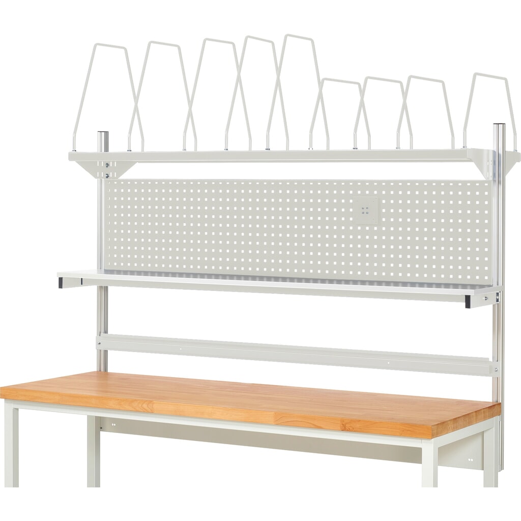 RAU Werkbank-Aufbau, HxBxT 1.130 x 2.000 x 350 mm, mit 1 Etagenboard, 1 Halteschiene und 1 Flachbildschirmhalter, Komplettset 03 für Produktbreite 1.500 mm Produktabbildung Nr. 2: RAU Werkbank-Aufbau, HxBxT 1.130 x 2.000 x 350 mm, mit 1 Etagenboard, 1 Halteschiene und 1 Flachbildschirmhalter, Komplettset 03 für Produktbreite 1.500 mm