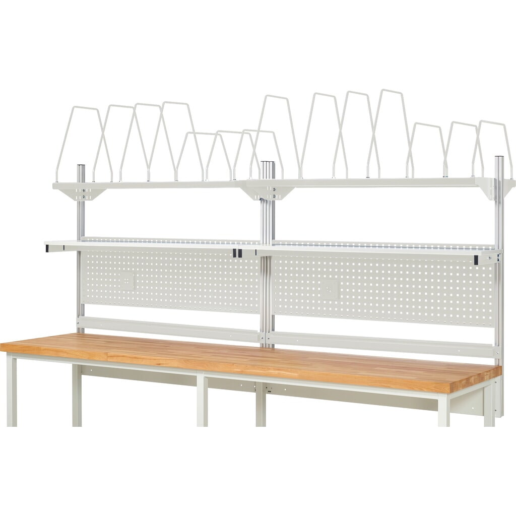 RAU Werkbank-Aufbau, HxBxT 1.130 x 3.000 x 350 mm, mit 2 Etagenboards, 2 Halteschienen und 2 Flachbildschirmhalter, Komplettset 03 für Produktbreite 3.000 mm Produktabbildung Nr. 2: RAU Werkbank-Aufbau, HxBxT 1.130 x 3.000 x 350 mm, mit 2 Etagenboards, 2 Halteschienen und 2 Flachbildschirmhalter, Komplettset 03 für Produktbreite 3.000 mm