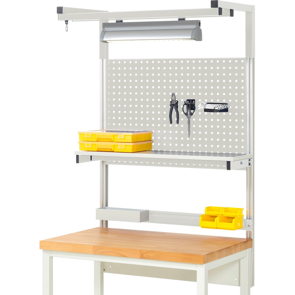 RAU Werkbank-Aufbau, HxBxT 1.380 x 1.000 x 350 mm, mit 1 Etagenboard, 1 Halteschiene, 1 Auslegerpaar und 1 Leuchte, Komplettset 04 für Produktbreite 1.000 mm Produktabbildung: RAU Werkbank-Aufbau, HxBxT 1.380 x 1.000 x 350 mm, mit 1 Etagenboard, 1 Halteschiene, 1 Auslegerpaar und 1 Leuchte, Komplettset 04 für Produktbreite 1.000 mm