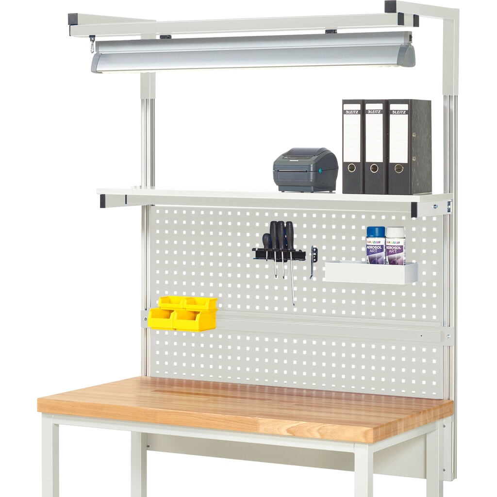 RAU Werkbank-Aufbau, HxBxT 1.380 x 1.250 x 350 mm, mit 1 Etagenboard, 1 Halteschiene, 1 Auslegerpaar und 1 Leuchte, Komplettset 04 für Produktbreite 1.250 mm Produktabbildung: RAU Werkbank-Aufbau, HxBxT 1.380 x 1.250 x 350 mm, mit 1 Etagenboard, 1 Halteschiene, 1 Auslegerpaar und 1 Leuchte, Komplettset 04 für Produktbreite 1.250 mm