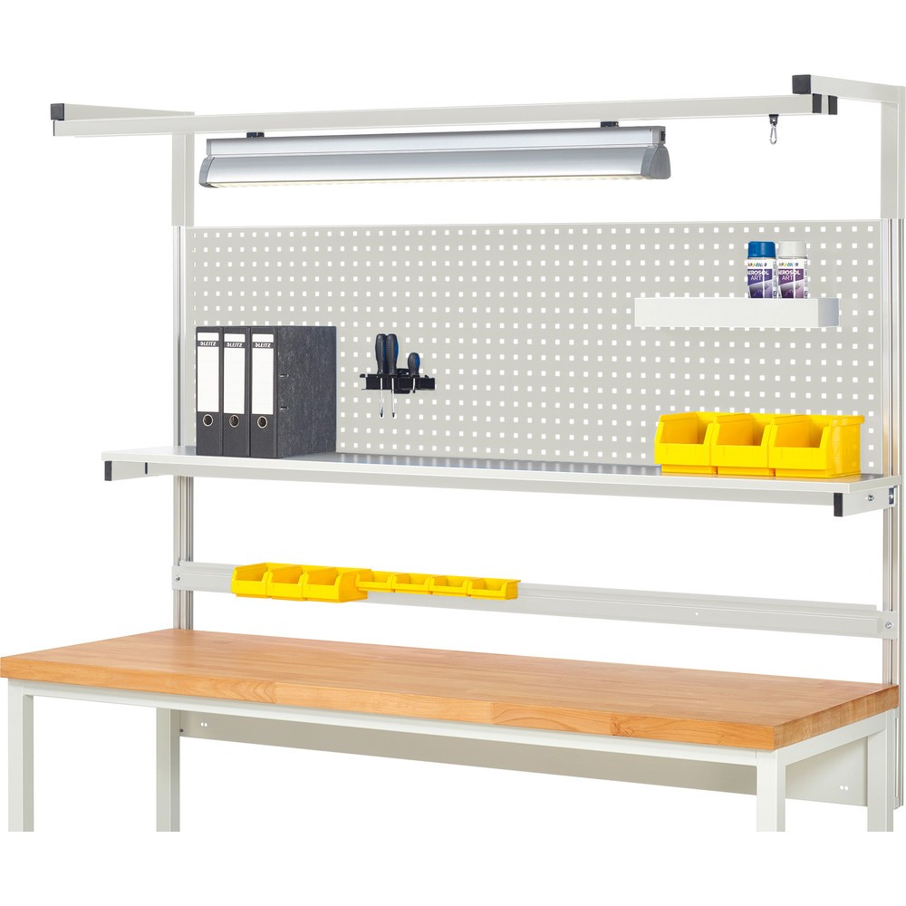 Produktabbildung: RAU Werkbank-Aufbau, HxBxT 1.380 x 2.000 x 350 mm, mit 1 Etagenboard, 1 Halteschiene, 1 Auslegerpaar und 1 Leuchte, Komplettset 04 für Produktbreite 2.000 mm