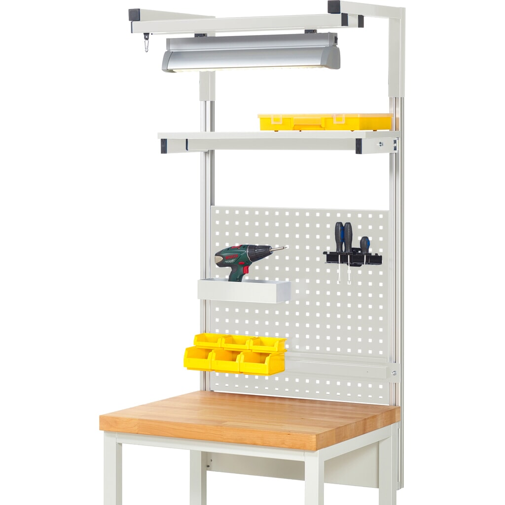 RAU Werkbank-Aufbau, HxBxT 1.380 x 750 x 350 mm, mit 1 Etagenboard, 1 Halteschiene, 1 Auslegerpaar und 1 Leuchte, Komplettset 04 für Produktbreite 750 mm Produktabbildung: RAU Werkbank-Aufbau, HxBxT 1.380 x 750 x 350 mm, mit 1 Etagenboard, 1 Halteschiene, 1 Auslegerpaar und 1 Leuchte, Komplettset 04 für Produktbreite 750 mm
