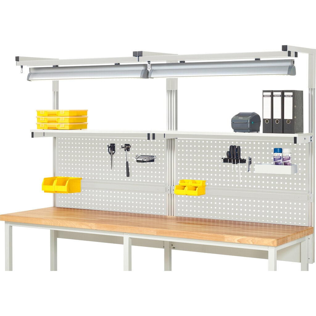RAU Werkbank-Aufbau, HxBxT 1.380 x 2.500 x 350 mm, mit 2 Etagenboards, 2 Halteschienen, 2 Auslegerpaare und 2 Leuchten, Komplettset 04 für Produktbreite 2.500 mm Produktabbildung: RAU Werkbank-Aufbau, HxBxT 1.380 x 2.500 x 350 mm, mit 2 Etagenboards, 2 Halteschienen, 2 Auslegerpaare und 2 Leuchten, Komplettset 04 für Produktbreite 2.500 mm