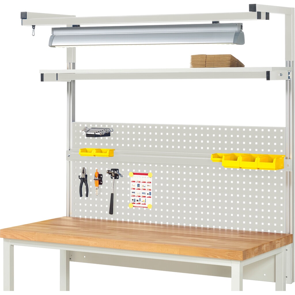 RAU Werkbank-Aufbau, HxBxT 1.380 x 1.500 x 350 mm, mit 1 Etagenboard, 1 Halteschiene, 1 Auslegerpaar und 1 Leuchte, Komplettset 04 für Produktbreite 1.500 mm Produktabbildung: RAU Werkbank-Aufbau, HxBxT 1.380 x 1.500 x 350 mm, mit 1 Etagenboard, 1 Halteschiene, 1 Auslegerpaar und 1 Leuchte, Komplettset 04 für Produktbreite 1.500 mm
