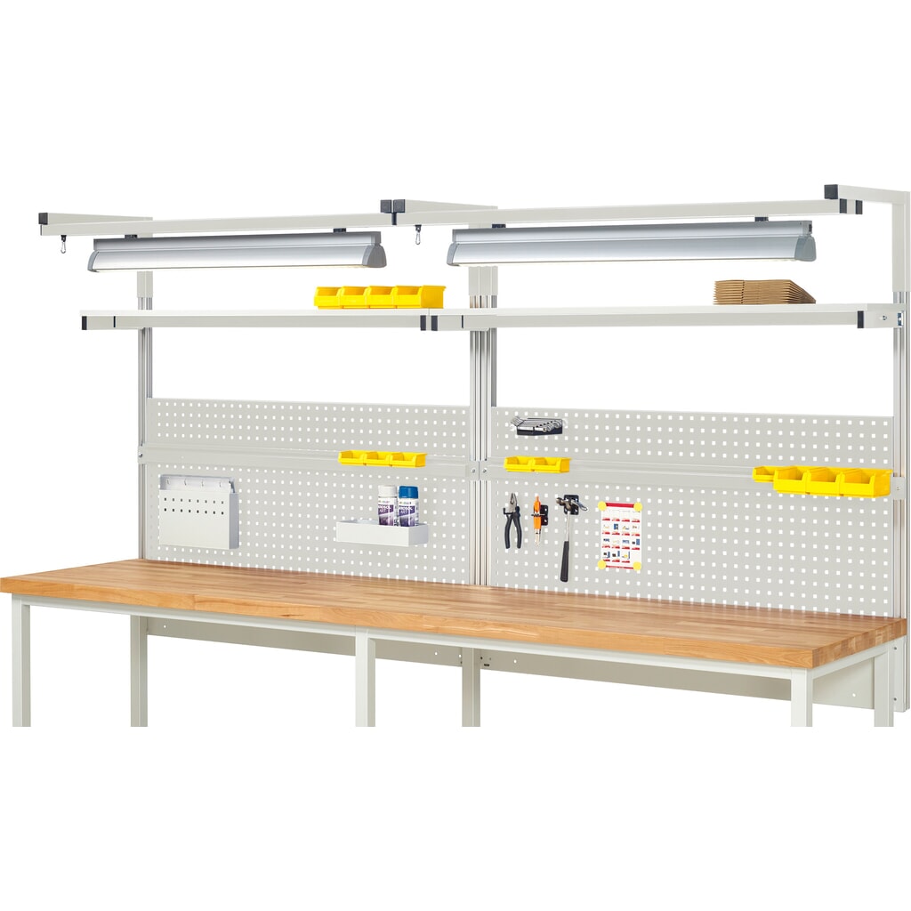 RAU Werkbank-Aufbau, HxBxT 1.380 x 3.000 x 350 mm, mit 2 Etagenboards, 2 Halteschienen, 2 Auslegerpaare und 2 Leuchten, Komplettset 04 für Produktbreite 3.000 mm Produktabbildung: RAU Werkbank-Aufbau, HxBxT 1.380 x 3.000 x 350 mm, mit 2 Etagenboards, 2 Halteschienen, 2 Auslegerpaare und 2 Leuchten, Komplettset 04 für Produktbreite 3.000 mm