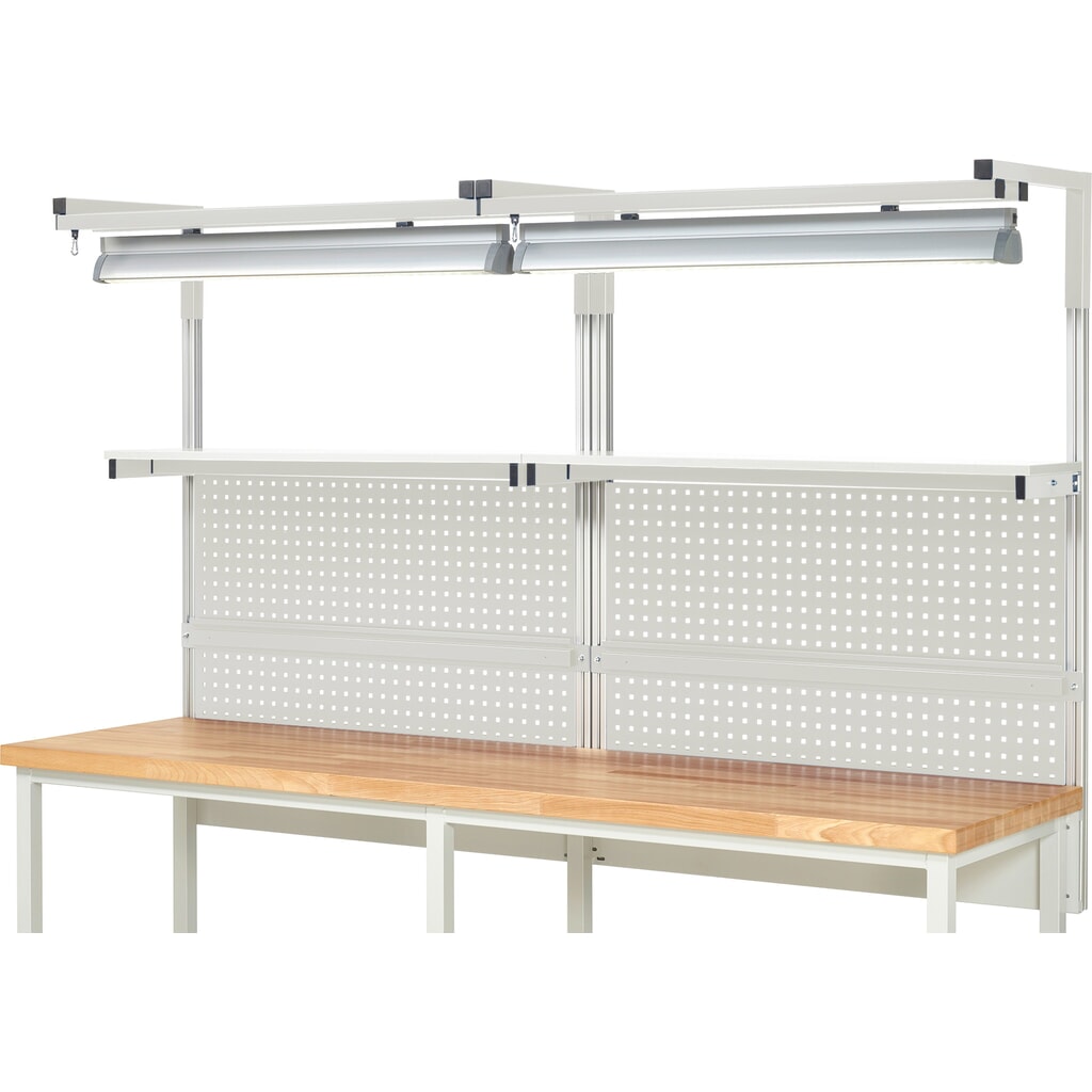 RAU Werkbank-Aufbau, HxBxT 1.380 x 2.500 x 350 mm, mit 2 Etagenboards, 2 Halteschienen, 2 Auslegerpaare und 2 Leuchten, Komplettset 04 für Produktbreite 2.500 mm Produktabbildung Nr. 2: RAU Werkbank-Aufbau, HxBxT 1.380 x 2.500 x 350 mm, mit 2 Etagenboards, 2 Halteschienen, 2 Auslegerpaare und 2 Leuchten, Komplettset 04 für Produktbreite 2.500 mm