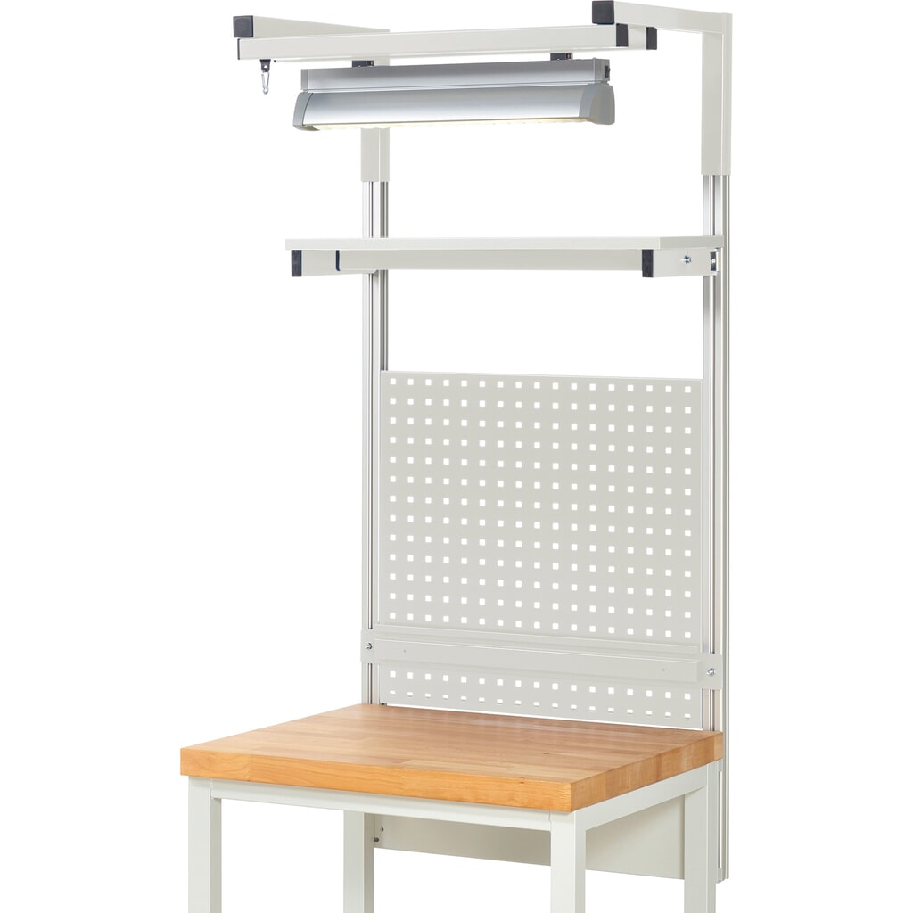 Produktabbildung Nr. 2: RAU Werkbank-Aufbau, HxBxT 1.380 x 750 x 350 mm, mit 1 Etagenboard, 1 Halteschiene, 1 Auslegerpaar und 1 Leuchte, Komplettset 04 für Produktbreite 750 mm