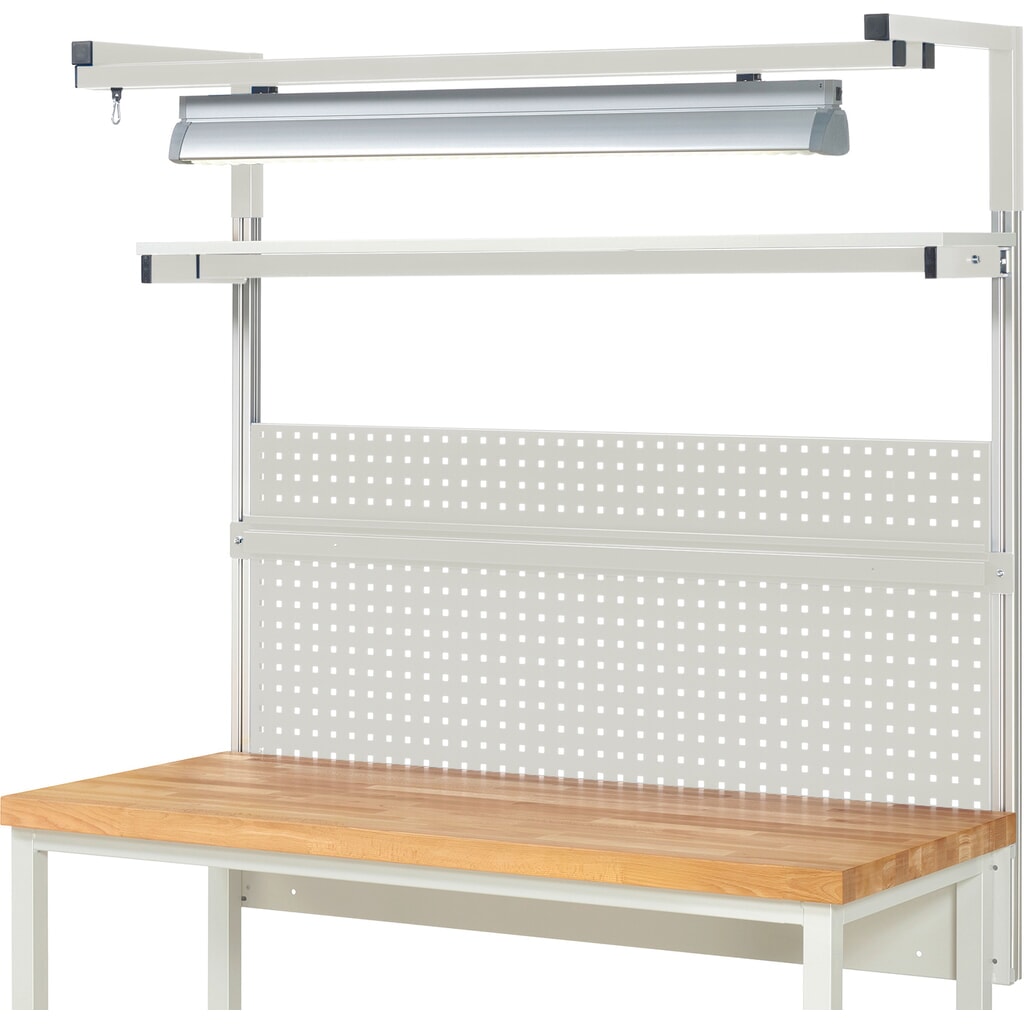 RAU Werkbank-Aufbau, HxBxT 1.380 x 1.500 x 350 mm, mit 1 Etagenboard, 1 Halteschiene, 1 Auslegerpaar und 1 Leuchte, Komplettset 04 für Produktbreite 1.500 mm Produktabbildung Nr. 2: RAU Werkbank-Aufbau, HxBxT 1.380 x 1.500 x 350 mm, mit 1 Etagenboard, 1 Halteschiene, 1 Auslegerpaar und 1 Leuchte, Komplettset 04 für Produktbreite 1.500 mm