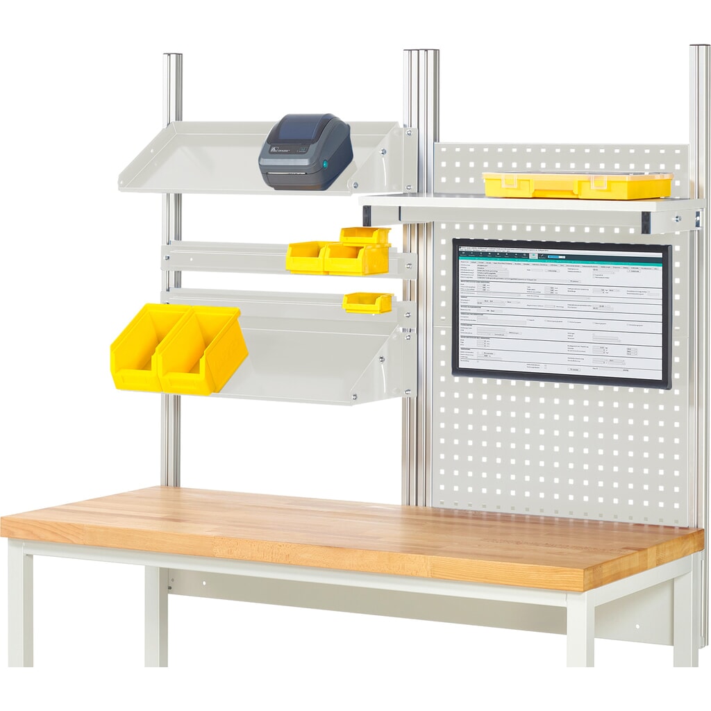 RAU Werkbank-Aufbau, HxBxT 1.130 x 1.500 x 350 mm, mit 1 Etagenboard, 2 Halteschienen, 2 neigbare Metallablagen und 1 Flachbildschirmhalter, Komplettset 05 für Produktbreite 1.500 mm Produktabbildung: RAU Werkbank-Aufbau, HxBxT 1.130 x 1.500 x 350 mm, mit 1 Etagenboard, 2 Halteschienen, 2 neigbare Metallablagen und 1 Flachbildschirmhalter, Komplettset 05 für Produktbreite 1.500 mm