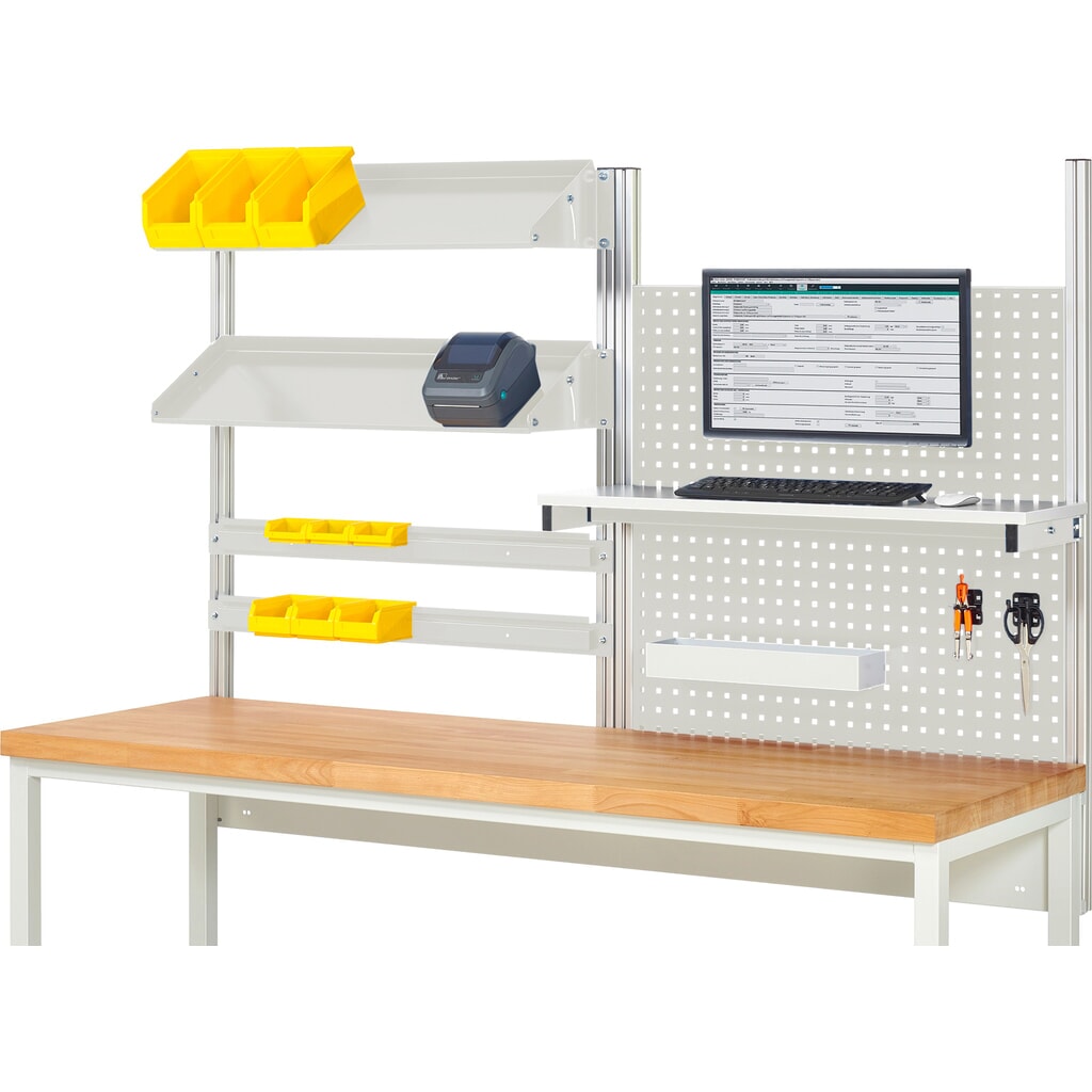 RAU Werkbank-Aufbau, HxBxT 1.130 x 2.000 x 350 mm, mit 1 Etagenboard, 2 Halteschienen, 2 neigbare Metallablagen und 1 Flachbildschirmhalter, Komplettset 05 für Produktbreite 2.000 mm Produktabbildung: RAU Werkbank-Aufbau, HxBxT 1.130 x 2.000 x 350 mm, mit 1 Etagenboard, 2 Halteschienen, 2 neigbare Metallablagen und 1 Flachbildschirmhalter, Komplettset 05 für Produktbreite 2.000 mm