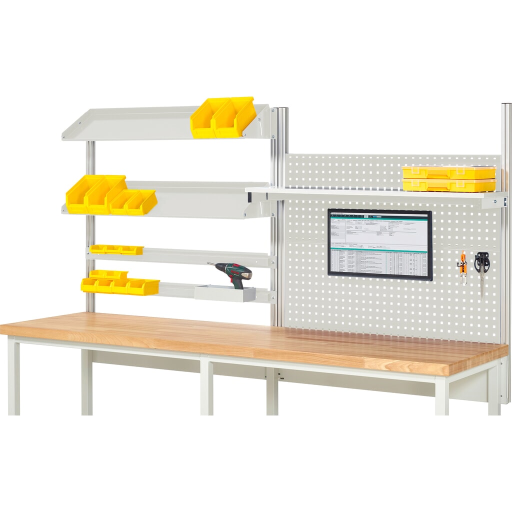 RAU Werkbank-Aufbau, HxBxT 1.130 x 2.500 x 350 mm, mit 1 Etagenboard, 2 Halteschienen, 2 neigbare Metallablagen und 1 Flachbildschirmhalter, Komplettset 05 für Produktbreite 2.500 mm Produktabbildung: RAU Werkbank-Aufbau, HxBxT 1.130 x 2.500 x 350 mm, mit 1 Etagenboard, 2 Halteschienen, 2 neigbare Metallablagen und 1 Flachbildschirmhalter, Komplettset 05 für Produktbreite 2.500 mm
