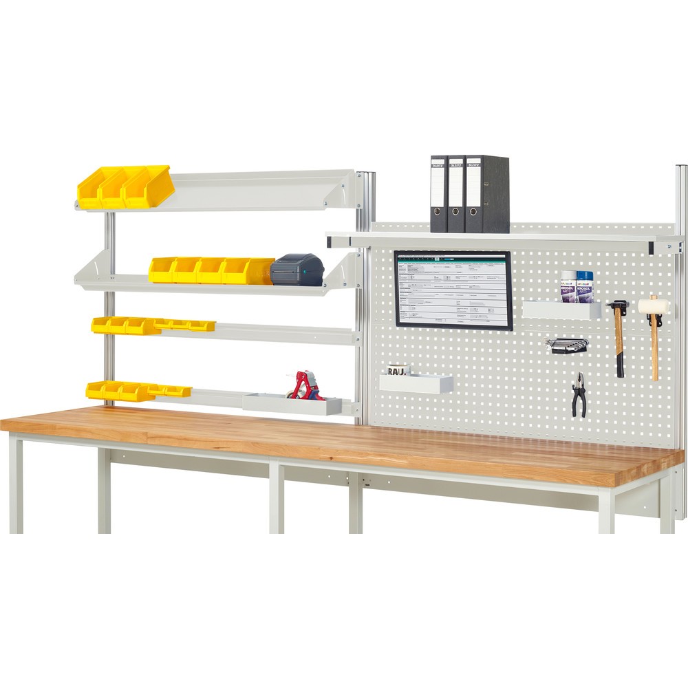 Produktabbildung Nr. 1: RAU Werkbank-Aufbau, HxBxT 1.130 x 3.000 x 3.000 mm, mit 1 Etagenboard, 2 Halteschienen, 2 neigbare Metallablagen und 1 Flachbildschirmhalter, Komplettset 05 für Produktbreite 3.000 mm