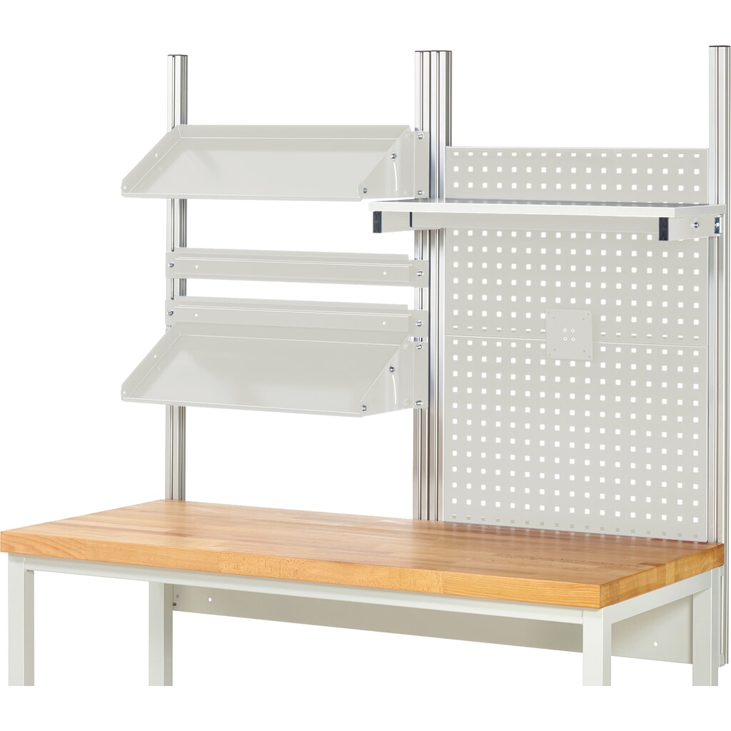 RAU Werkbank-Aufbau, HxBxT 1.130 x 1.500 x 350 mm, mit 1 Etagenboard, 2 Halteschienen, 2 neigbare Metallablagen und 1 Flachbildschirmhalter, Komplettset 05 für Produktbreite 1.500 mm Produktabbildung Nr. 2: RAU Werkbank-Aufbau, HxBxT 1.130 x 1.500 x 350 mm, mit 1 Etagenboard, 2 Halteschienen, 2 neigbare Metallablagen und 1 Flachbildschirmhalter, Komplettset 05 für Produktbreite 1.500 mm