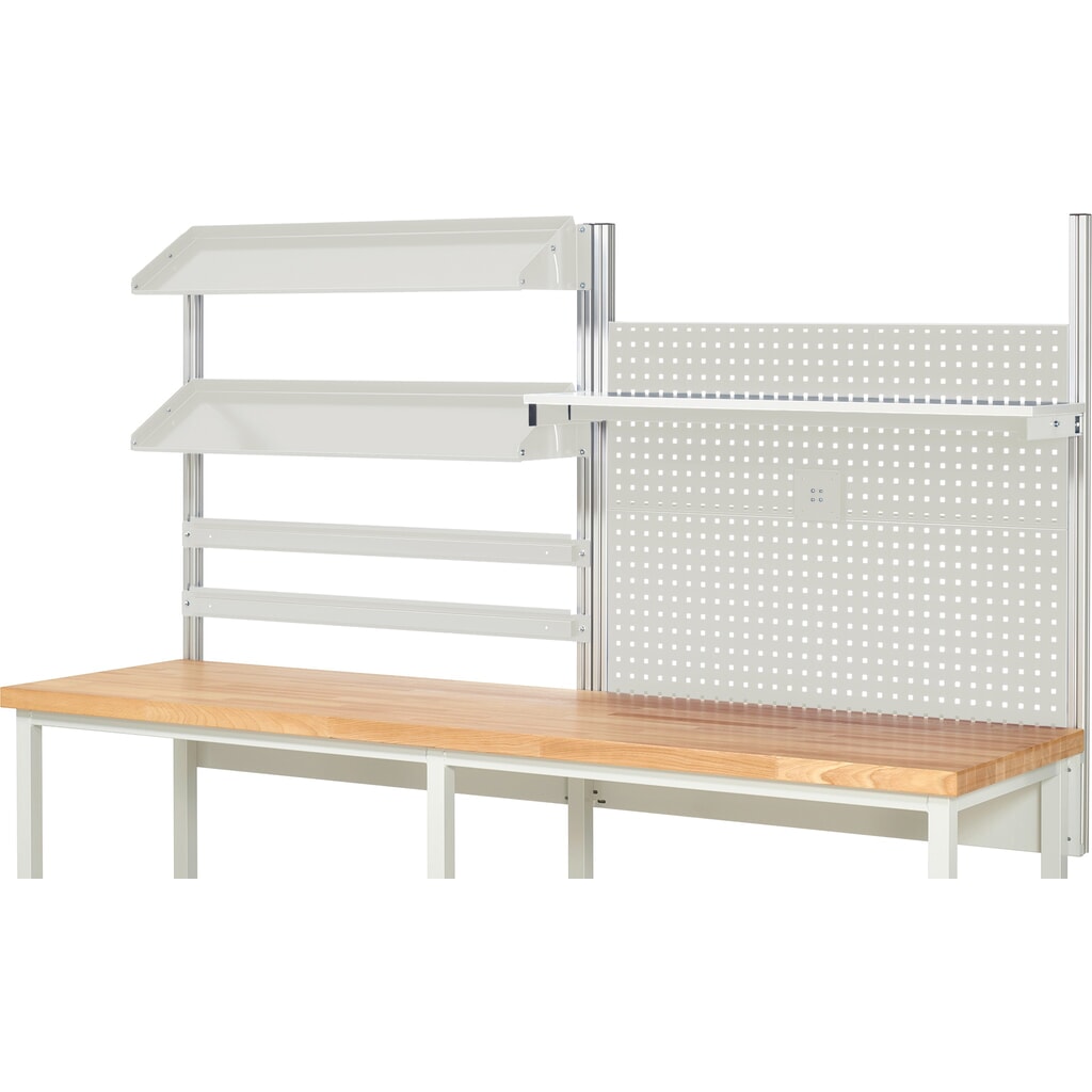 Produktabbildung Nr. 2: RAU Werkbank-Aufbau, HxBxT 1.130 x 2.500 x 350 mm, mit 1 Etagenboard, 2 Halteschienen, 2 neigbare Metallablagen und 1 Flachbildschirmhalter, Komplettset 05 für Produktbreite 2.500 mm
