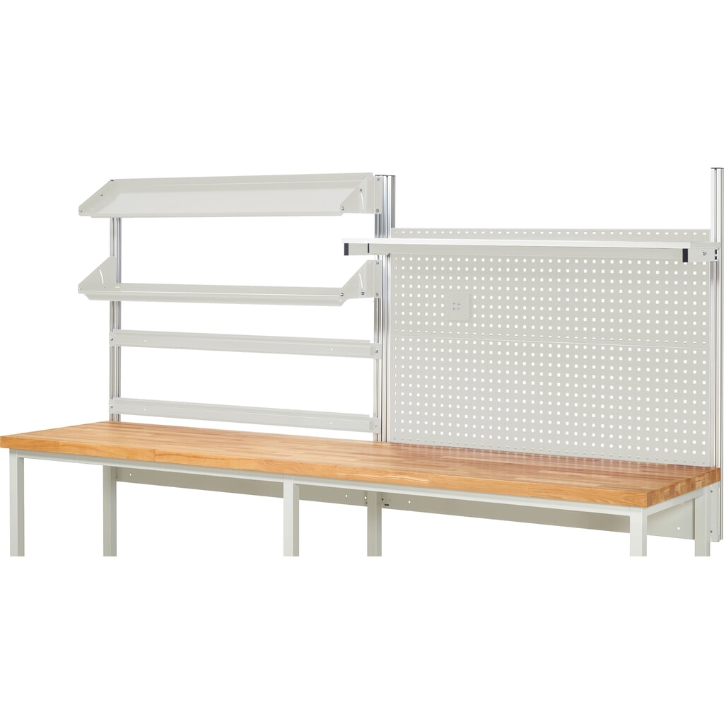Produktabbildung Nr. 2: RAU Werkbank-Aufbau, HxBxT 1.130 x 3.000 x 3.000 mm, mit 1 Etagenboard, 2 Halteschienen, 2 neigbare Metallablagen und 1 Flachbildschirmhalter, Komplettset 05 für Produktbreite 3.000 mm