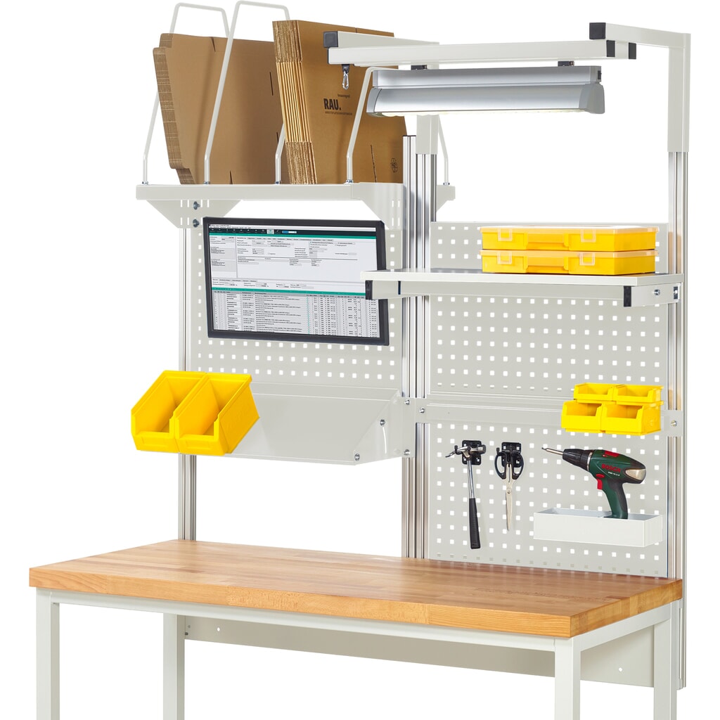 RAU Werkbank-Aufbau, HxBxT 1.380 x 1.500 x 1.500 mm, mit 1 Etagenboard, 1 Halteschiene, 1 neigbare Metallablage, 1 Flachbildschirmhalter und 1 Leuchte, Komplettset 06 für Produktbreite 1.500 mm Produktabbildung: RAU Werkbank-Aufbau, HxBxT 1.380 x 1.500 x 1.500 mm, mit 1 Etagenboard, 1 Halteschiene, 1 neigbare Metallablage, 1 Flachbildschirmhalter und 1 Leuchte, Komplettset 06 für Produktbreite 1.500 mm