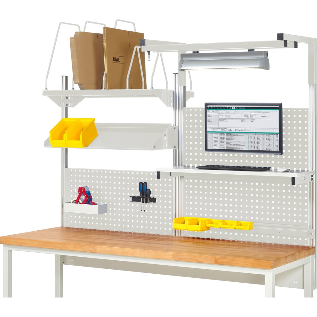 Produktabbildung: RAU Werkbank-Aufbau, HxBxT 1.380 x 2.000 x 2.000 mm, mit 1 Etagenboard, 1 Halteschiene, 1 neigbare Metallablage, 1 Flachbildschirmhalter und 1 Leuchte, Komplettset 06 für Produktbreite 2.000 mm