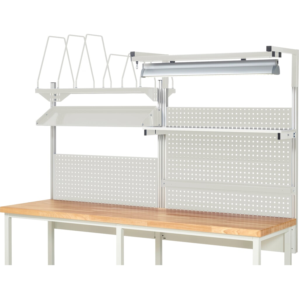 RAU Werkbank-Aufbau, HxBxT 1.380 x 2.500 x 2.500 mm, mit 1 Etagenboard, 1 Halteschiene, 1 neigbare Metallablage, 1 Flachbildschirmhalter und 1 Leuchte, Komplettset 06 für Produktbreite 2.500 mm Produktabbildung Nr. 2: RAU Werkbank-Aufbau, HxBxT 1.380 x 2.500 x 2.500 mm, mit 1 Etagenboard, 1 Halteschiene, 1 neigbare Metallablage, 1 Flachbildschirmhalter und 1 Leuchte, Komplettset 06 für Produktbreite 2.500 mm