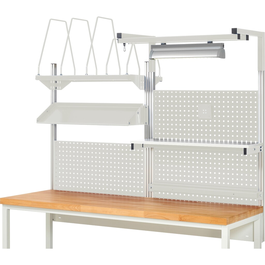 Produktabbildung Nr. 2: RAU Werkbank-Aufbau, HxBxT 1.380 x 2.000 x 2.000 mm, mit 1 Etagenboard, 1 Halteschiene, 1 neigbare Metallablage, 1 Flachbildschirmhalter und 1 Leuchte, Komplettset 06 für Produktbreite 2.000 mm