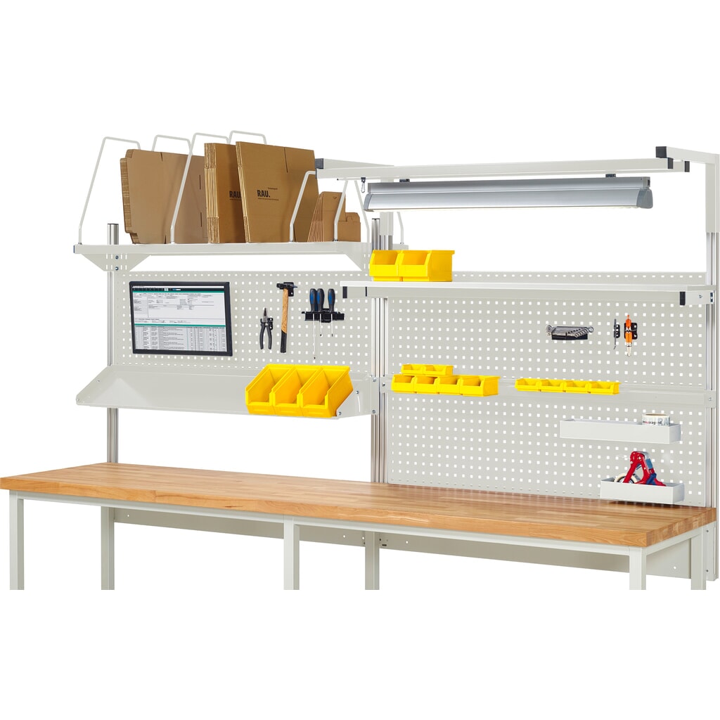 RAU Werkbank-Aufbau, HxBxT 1.380 x 3.000 x 3.000 mm, mit 1 Etagenboard, 1 Halteschiene, 1 neigbare Metallablage, 1 Flachbildschirmhalter und 1 Leuchte, Komplettset 06 für Produktbreite 3.000 mm Produktabbildung: RAU Werkbank-Aufbau, HxBxT 1.380 x 3.000 x 3.000 mm, mit 1 Etagenboard, 1 Halteschiene, 1 neigbare Metallablage, 1 Flachbildschirmhalter und 1 Leuchte, Komplettset 06 für Produktbreite 3.000 mm