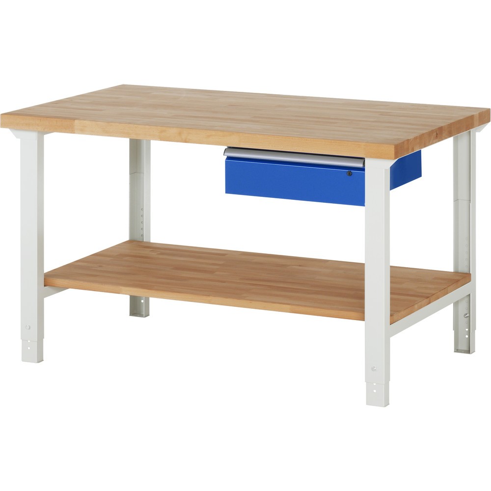 Produktabbildung: RAU Werkbank Serie 7000, HxBxT 790-1.140 x 1.500 x 900 mm, 1 Ablageboden, 1 Schublade, ErgoScript