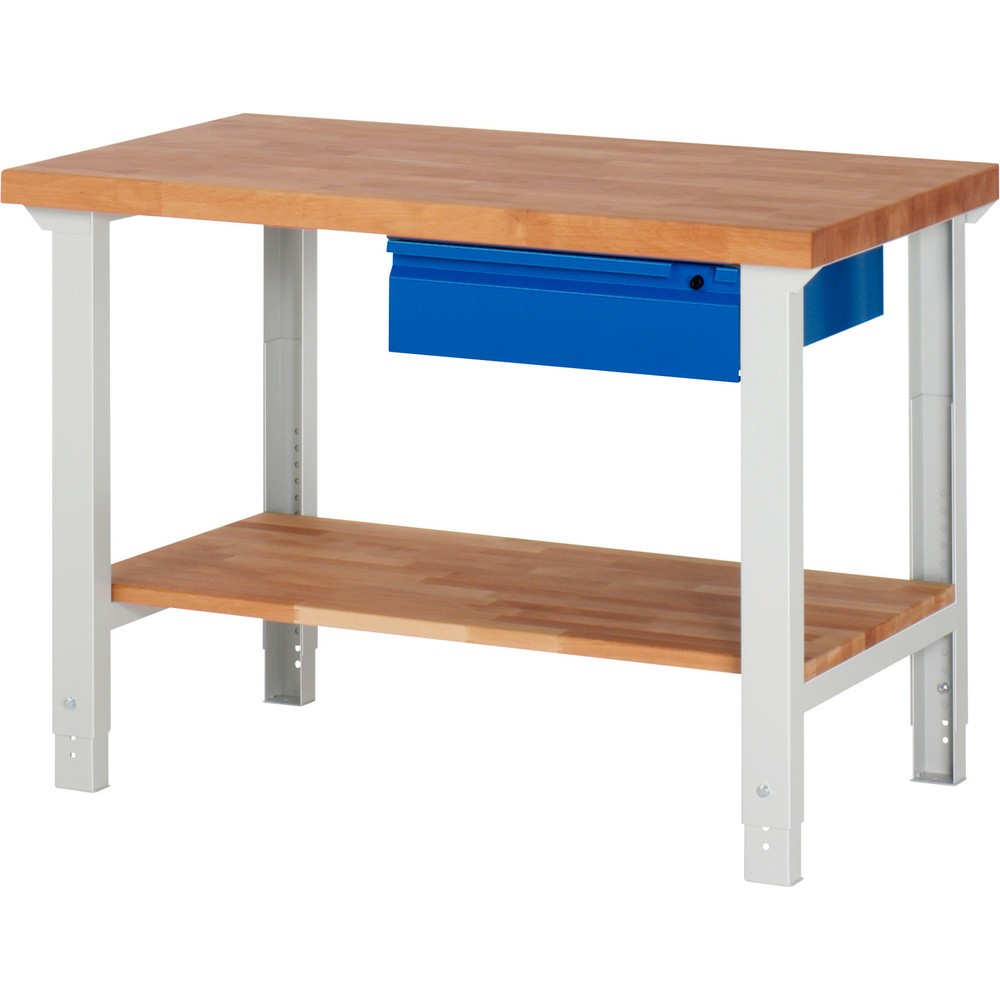 Produktabbildung: RAU Werkbank Serie 7000, HxBxT 790-1.140 x 1.250 x 700 mm, 1 Ablageboden, 1 Schublade, integrierte Griffleiste