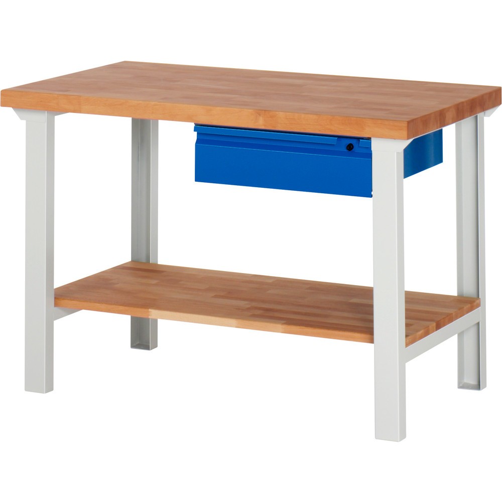 Produktabbildung: RAU Werkbank Serie 7000, 1 Buche-Massiv-Ablageboden, HxBxT 840 x 1.250 x 700 mm, 1 Schublade 1 x 150 mm