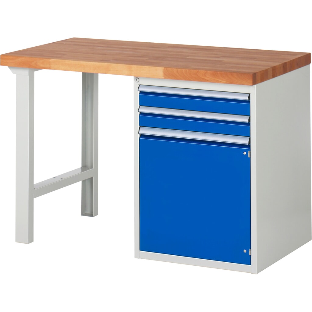 RAU Werkbank Serie 7000, 1 Container, HxBxT 890 x 1.250 x 700 mm, 2 x 90%-Auszug-Schubladen, 1 Flügeltür, 1 Fachboden Produktabbildung: RAU Werkbank Serie 7000, 1 Container, HxBxT 890 x 1.250 x 700 mm, 2 x 90%-Auszug-Schubladen, 1 Flügeltür, 1 Fachboden