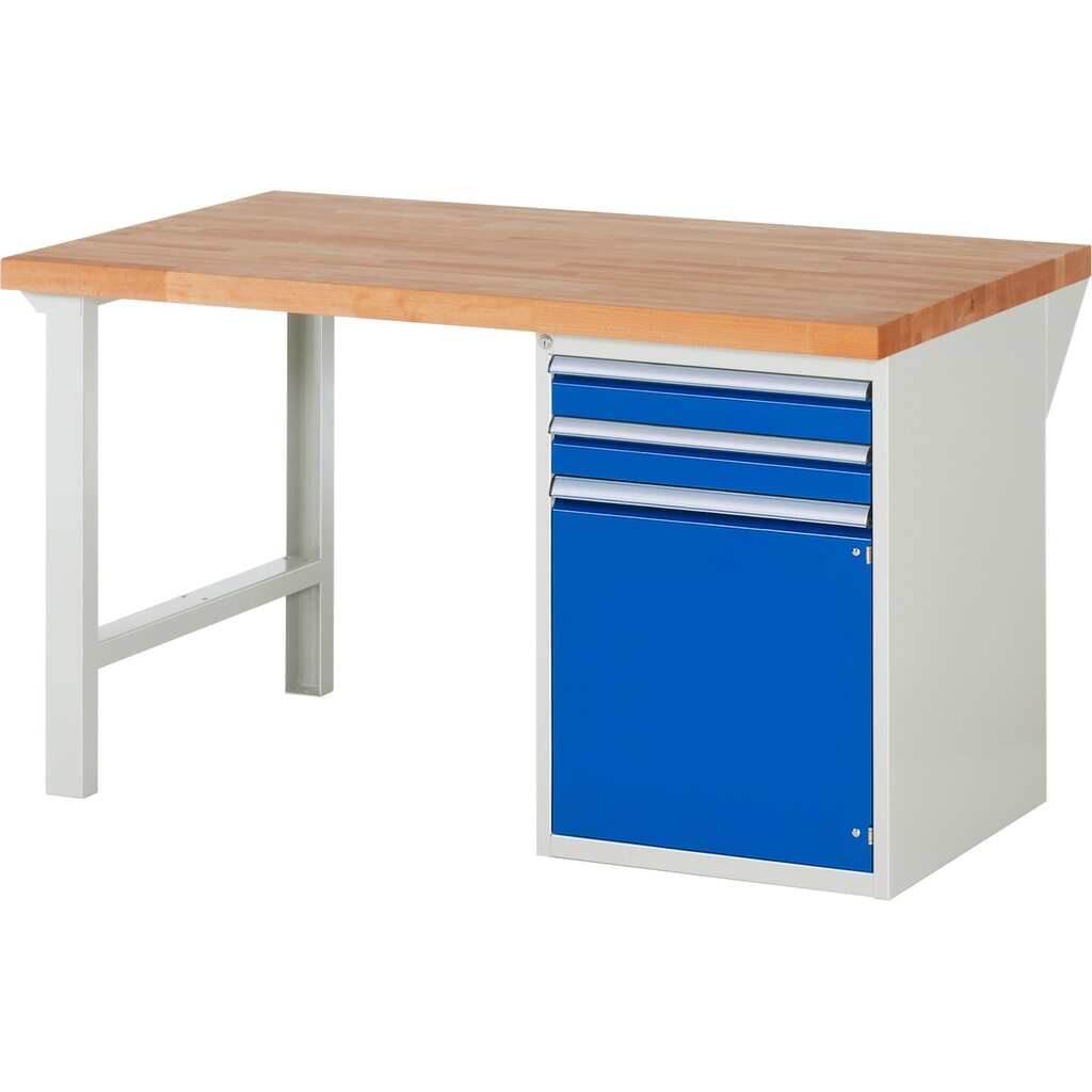 Produktabbildung: RAU Werkbank Serie 7000, 1 Container, HxBxT 840 x 1.500 x 900 mm, 2 x 90%-Auszug-Schubladen, 1 Flügeltür, 1 Fachboden