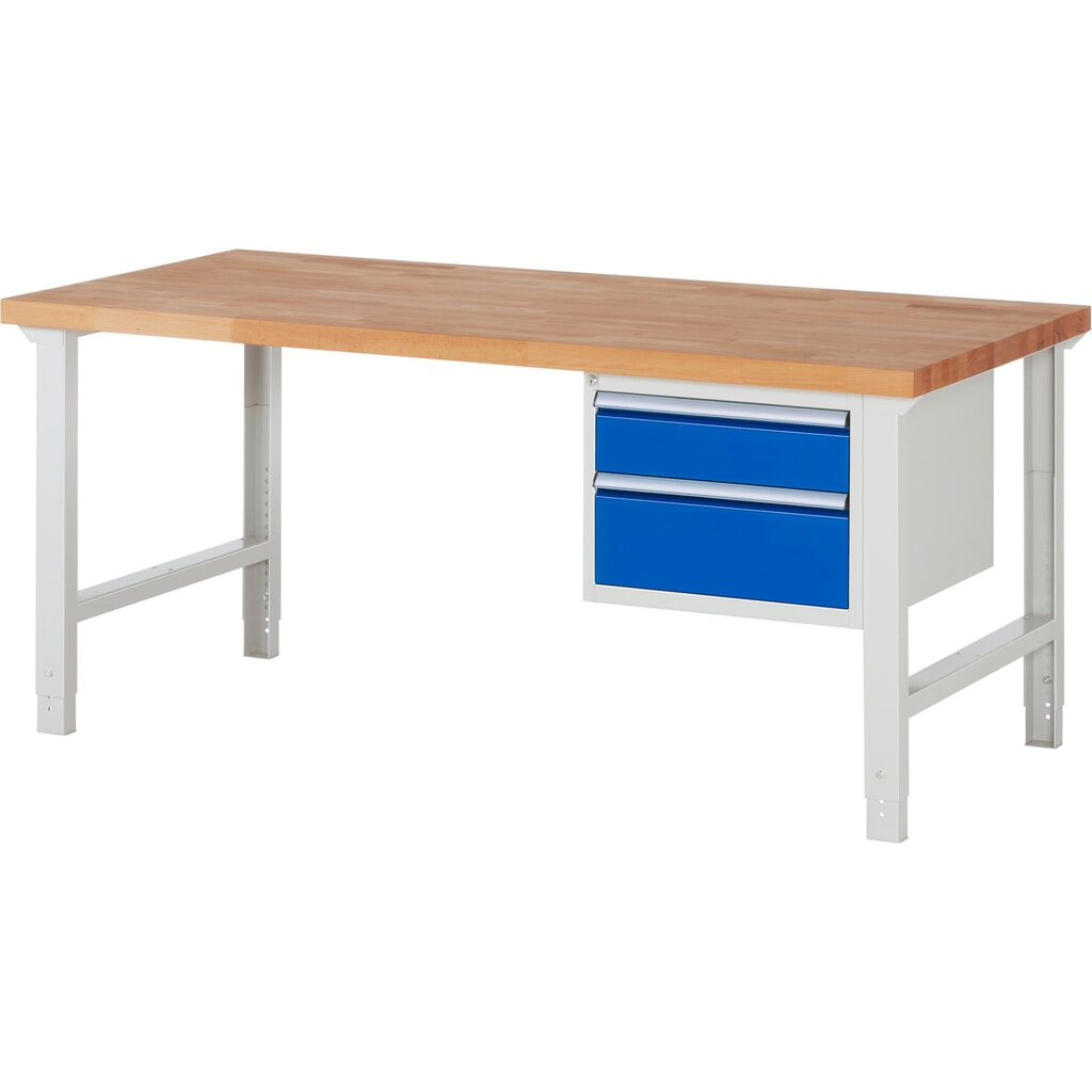 Produktabbildung: RAU Werkbank Serie 7000, 1 Container, HxBxT 790-1.140 x 2.000 x 900 mm, 2 x 90%-Auszug-Schubladen 1 x 150, 1 x 210 mm
