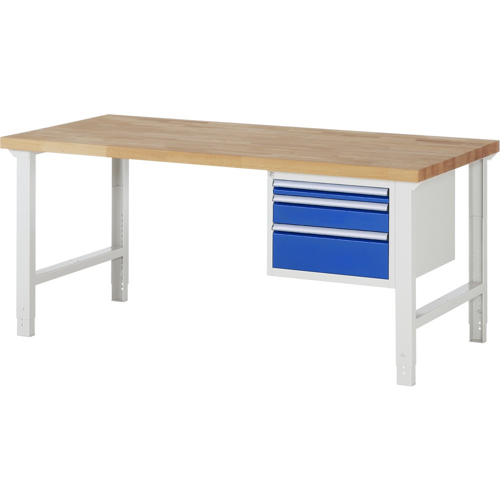 Produktabbildung: RAU Werkbank Serie 7000, 1 Container, HxBxT 790-1.140 x 2.000 x 900 mm, 3 x 90%-Auszug-Schubladen 1 x 60, 1 x 120, 1 x 180 mm