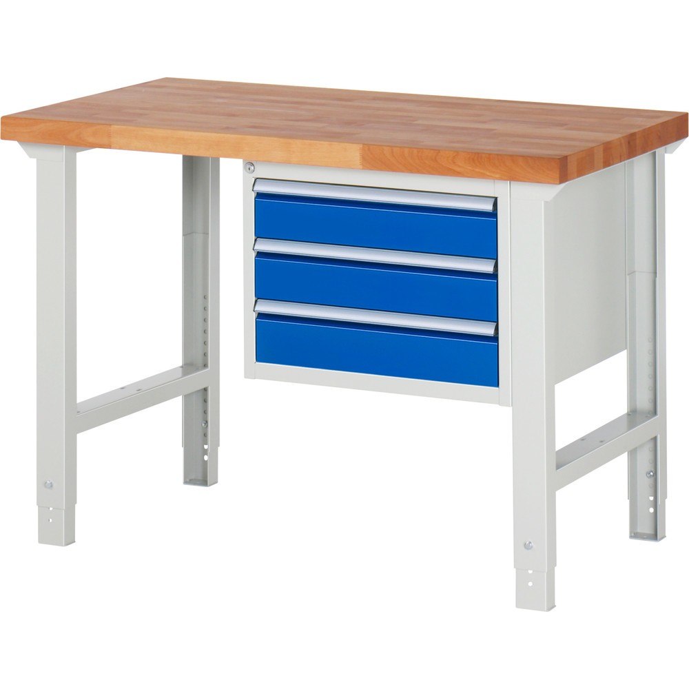 Produktabbildung: RAU Werkbank Serie 7000, 1 Container, HxBxT 790-1.140 x 1.250 x 700 mm, 3 x 90%-Auszug-Schubladen 3 x 120 mm