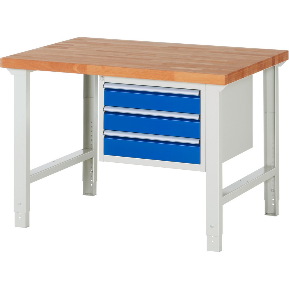 Produktabbildung: RAU Werkbank Serie 7000, 1 Container, HxBxT 790-1.140 x 1.250 x 900 mm, 3 x 100%-Auszug-Schubladen 3 x 120 mm