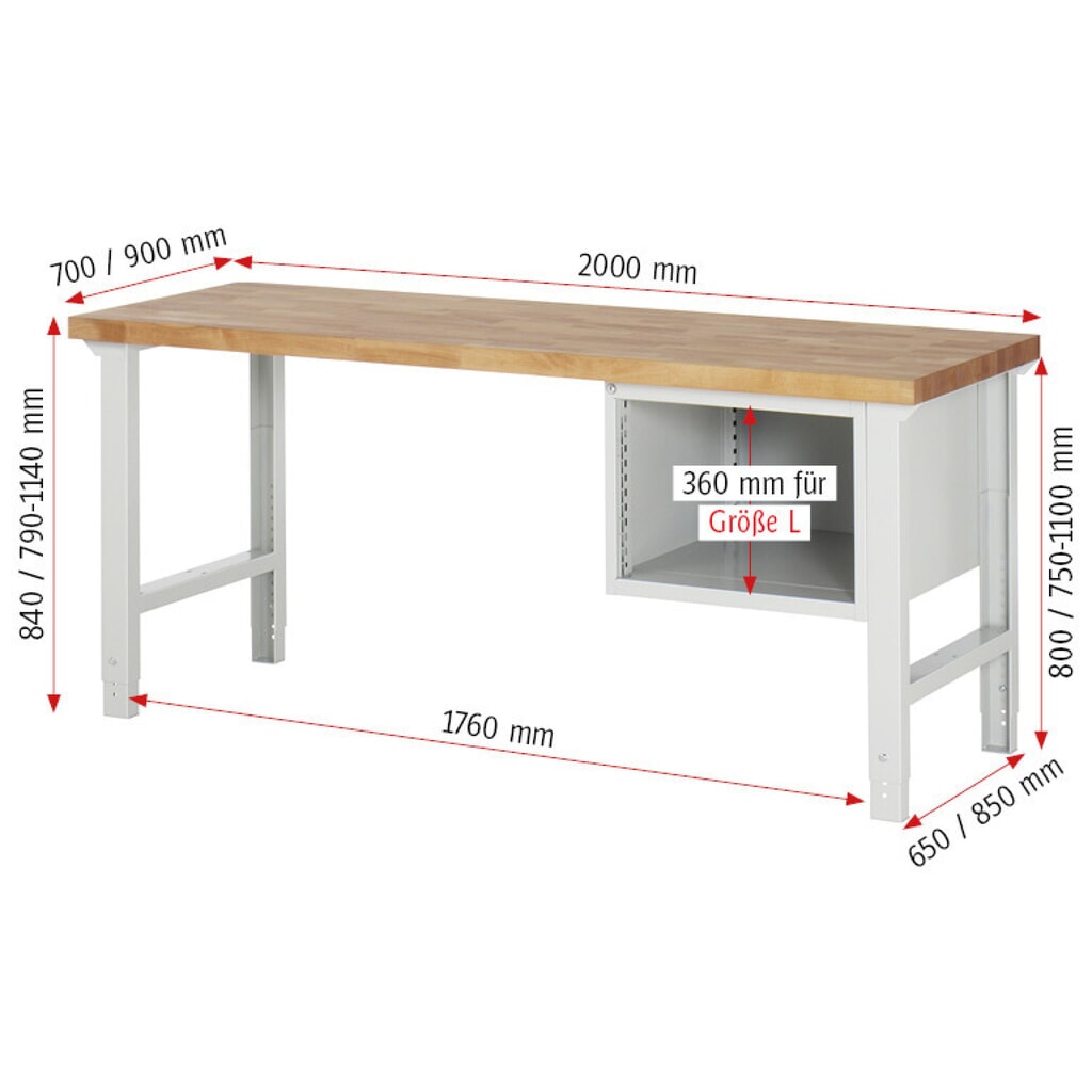 Produktabbildung Nr. 6: RAU Werkbank Serie 7000, 1 Container, HxBxT 790-1.140 x 2.000 x 900 mm, 2 x 90%-Auszug-Schubladen 1 x 150, 1 x 210 mm