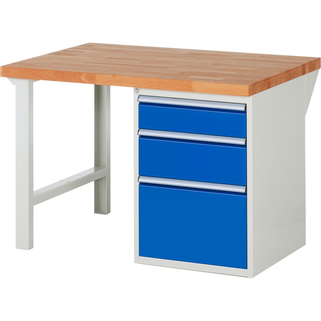 RAU Werkbank Serie 7000, 1 Container, HxBxT 890 x 1.250 x 900 mm, 3 x 100%-Auszug-Schubladen 1 x 150, 1 x 210, 1 x 360 mm, Schubladen-TK 100 kg Produktabbildung: RAU Werkbank Serie 7000, 1 Container, HxBxT 890 x 1.250 x 900 mm, 3 x 100%-Auszug-Schubladen 1 x 150, 1 x 210, 1 x 360 mm, Schubladen-TK 100 kg