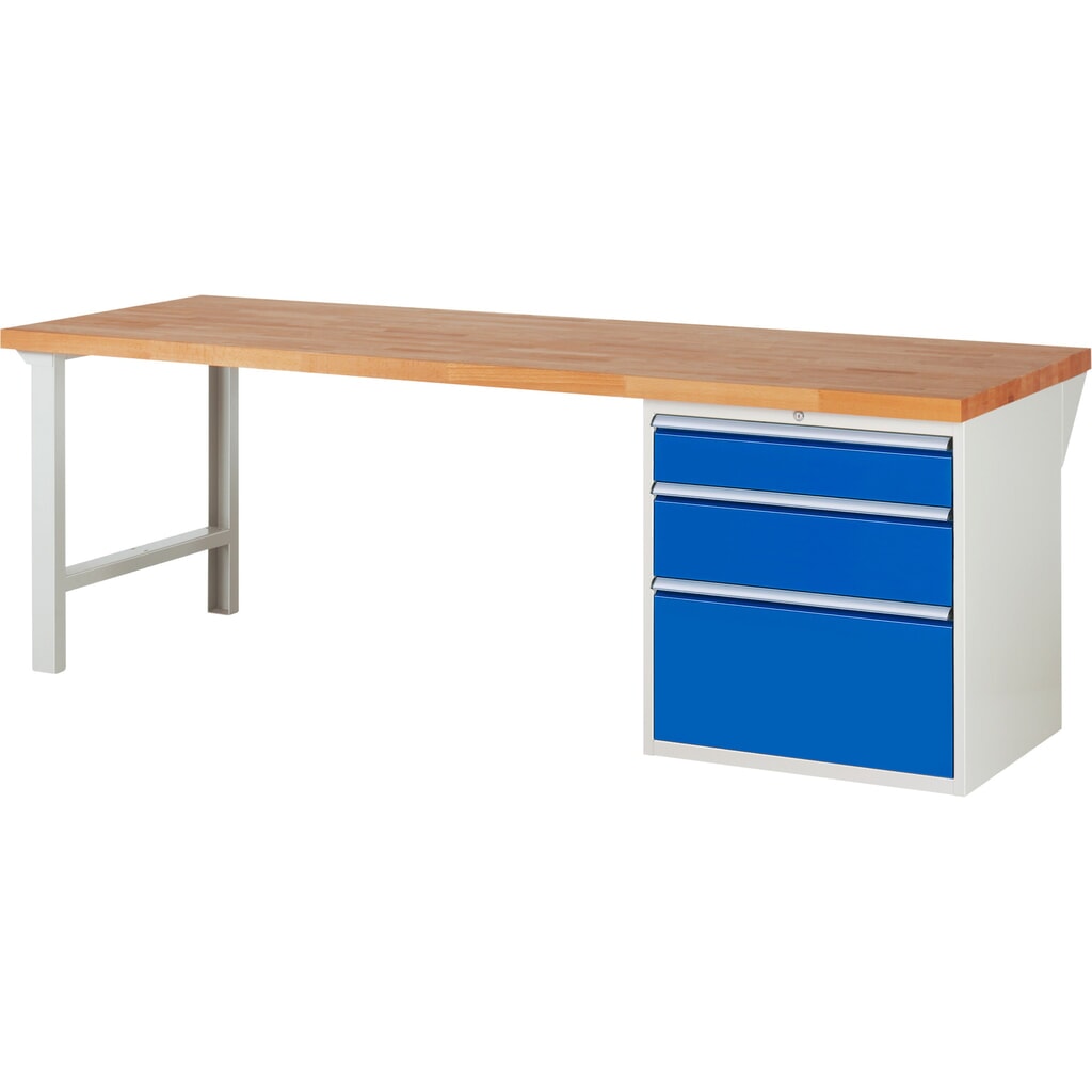 RAU Werkbank Serie 7000, 1 Container, HxBxT 890 x 2.500 x 900 mm, 3 x 100%-Auszug-Schubladen 1 x 150, 1 x 210, 1 x 360 mm, Schubladen-TK 100 kg Produktabbildung: RAU Werkbank Serie 7000, 1 Container, HxBxT 890 x 2.500 x 900 mm, 3 x 100%-Auszug-Schubladen 1 x 150, 1 x 210, 1 x 360 mm, Schubladen-TK 100 kg
