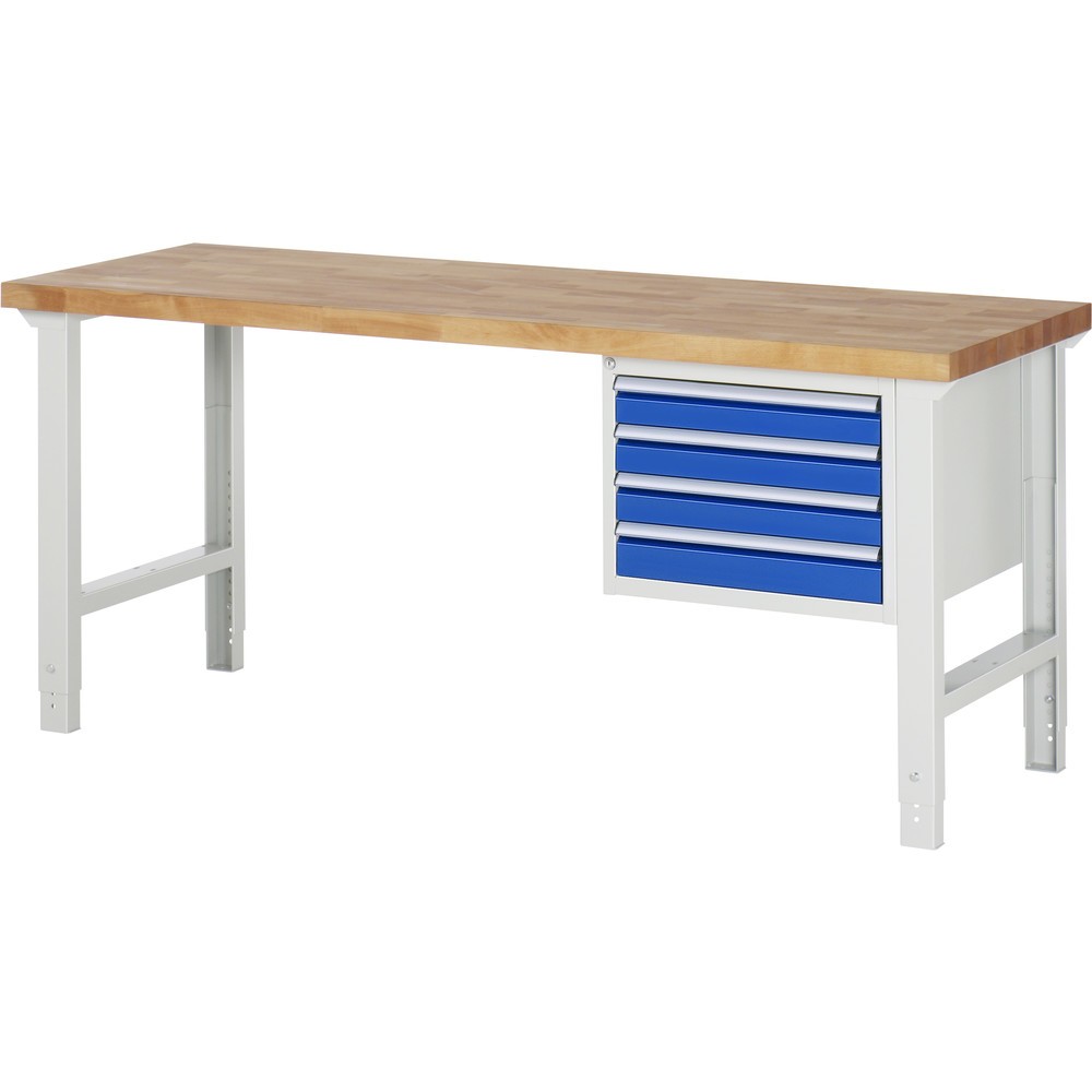 Produktabbildung: RAU Werkbank Serie  7000, 1 Container, HxBxT 790-1.140 x 2.000 x 700 mm, 4 x 90%-Auszug-Schubladen 4 x 90 mm