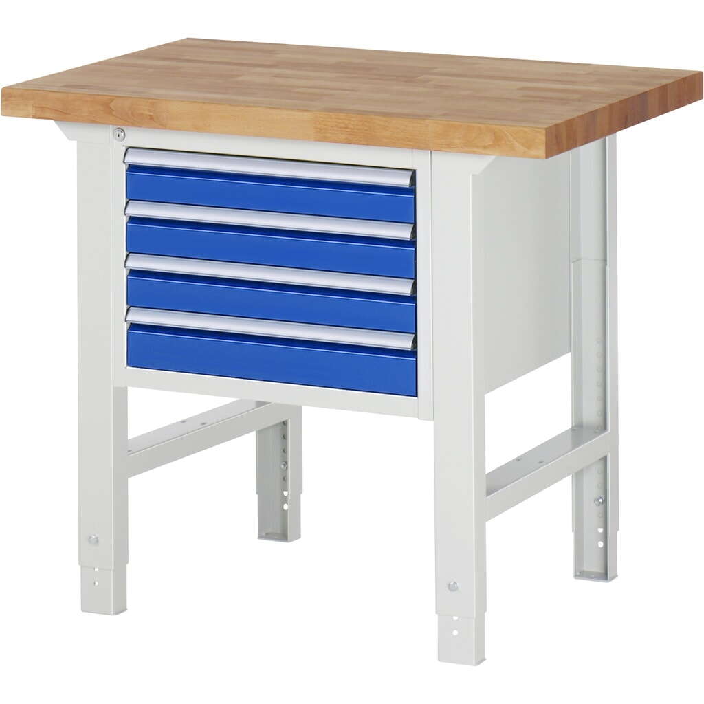 Produktabbildung: RAU Werkbank Serie  7000, 1 Container, HxBxT 790-1.140 x 1.000 x 700 mm, 4 x 90%-Auszug-Schubladen 4 x 90 mm